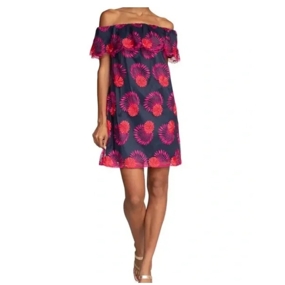 Trina Turk Off Shoulder Dress Small Blue Pink Floral‎ Embroidered Mesh Overlay